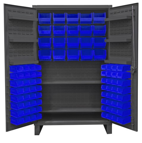 12 Gauge Recessed Door Style Lockable Cabinet with 84 Blue Hook on Bins & 2 Adjustable 6 Door Shelves - Gray - 48 in.
