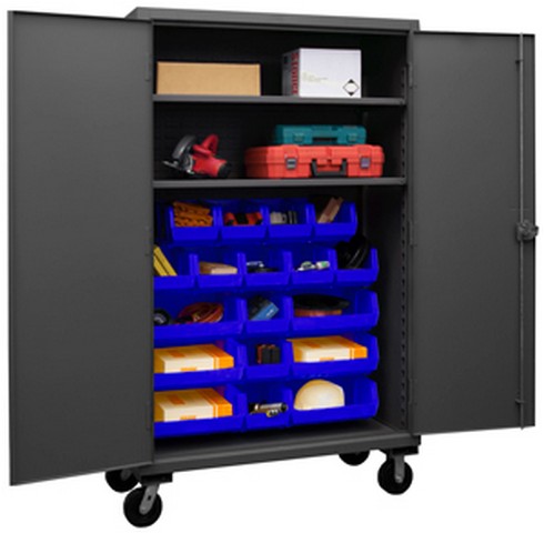 12 Gauge Recessed Door Style Lockable Mobile Cabinet with 18 Blue Hook on Bins & 2 Adjustable Shelves - Gray - 48 in.