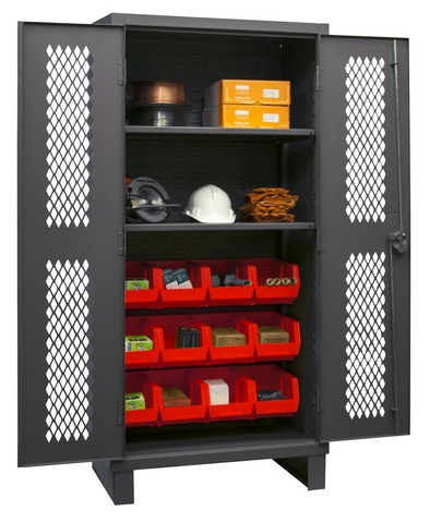 12 Gauge Recessed Door Style Lockable Ventilated Cabinet with 12 Red Hook on Bins & 2 Adjustable Shelves, Gray - 36 in.