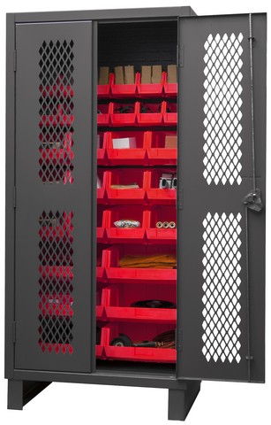 12 Gauge Recessed Door Style Lockable Ventilated Cabinet with 30 Red Hook on Bins, Gray - 36 in.