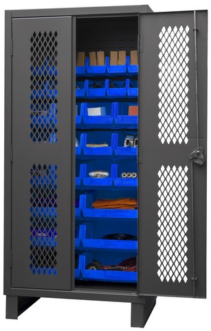 12 Gauge Recessed Door Style Lockable Ventilated Cabinet with 30 Blue Hook on Bins, Gray - 36 in.