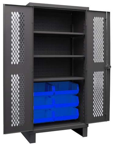 Picture of Durham HDCV36-6B-3S5295 12 Gauge Recessed Door Style Lockable Ventilated Cabinet with 6 Blue Hook on Bins & 3 Adjustable Shelves, Gray - 36 in.