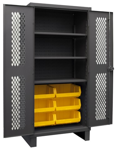 Picture of Durham HDCV36-6B-3S95 12 Gauge Recessed Door Style Lockable Ventilated Cabinet with 6 Yellow Hook on Bins & 3 Adjustable Shelves, Gray - 36 in.