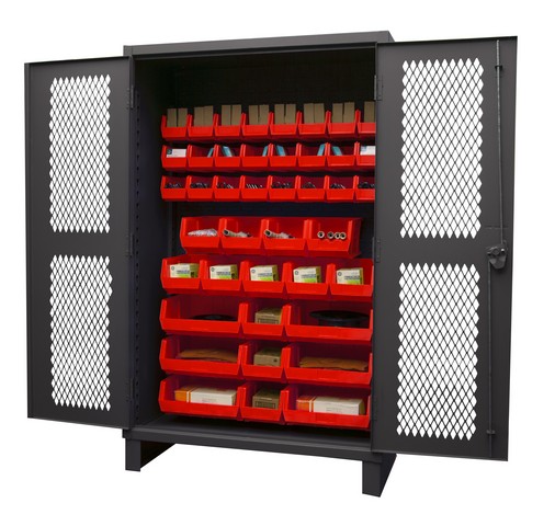 Picture of Durham HDCV48-42B-1795 12 Gauge Recessed Door Style Lockable Ventilated Cabinet with 42 Red Hook on Bins, Gray - 48 in.