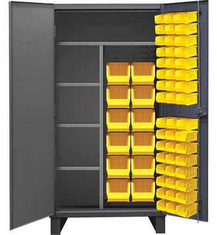 Picture of Durham HDJC243678-60-4S95 12 Gauge Recessed Door Style Lockable Janitorial Cabinet with 60 Yellow Hook on Bins & 4 Adjustable Shelves, Gray - 36 in.