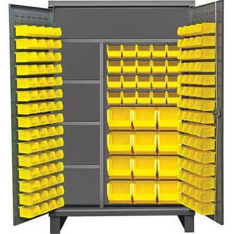 Picture of Durham HDJC244878-156-4S95 12 Gauge Recessed Door Style Lockable Janitorial Cabinet with 156 Yellow Hook on Bins & 4 Adjustable Shelves, Gray - 48 in.