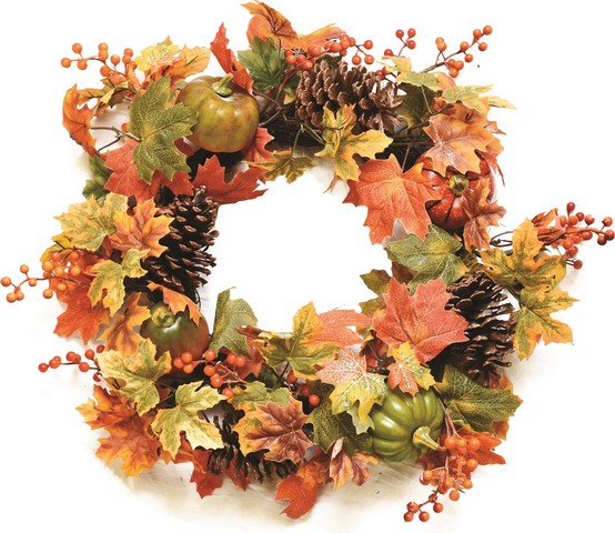 20 in. Autumn Harvest Decorative Artificial Fall Leaves Pinecones Pumpkins & Berries Wreath - Unlit