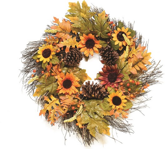 24 in. Autumn Harvest Decorative Artificial Fall Leaves Berries Pinecones & Sunflowers Wreath - Unlit
