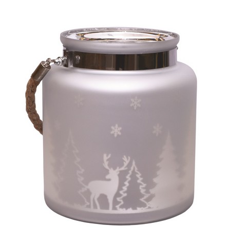 8 in. Matte Silver Winter Scene Decorative Christmas Pillar Candle Holder Lantern with Handle