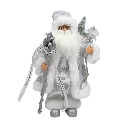 12 in. Silver & White Santa Claus with Staff Christmas Tabletop Decoration