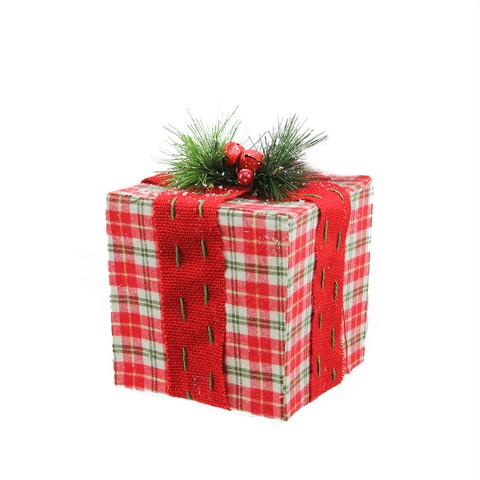 Picture of NorthLight 6 in. Square Red, White & Green Plaid Gift Box with Pine Bow Table Top Christmas Decoration