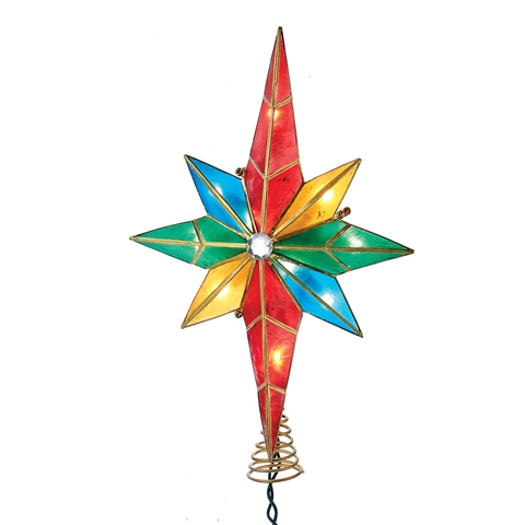 10 Light Multicolored Capiz Bethlehem Star Treetop with Gem Center - Multi color - 12.25in. H x 1.75in. W x 8.25in. L