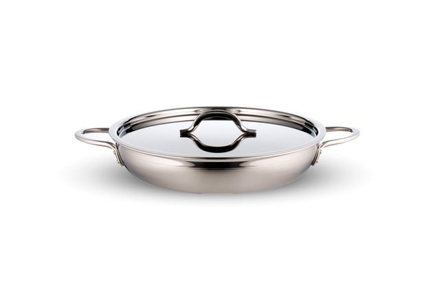 Picture of Bon Chef 60305-2ToneSS 11 x 2 in. Country French Two Tone Stainless Steel Saute 2 quart Pan & Skillet with Cover Double Handle & 2 Round Handles&#44; 12 oz
