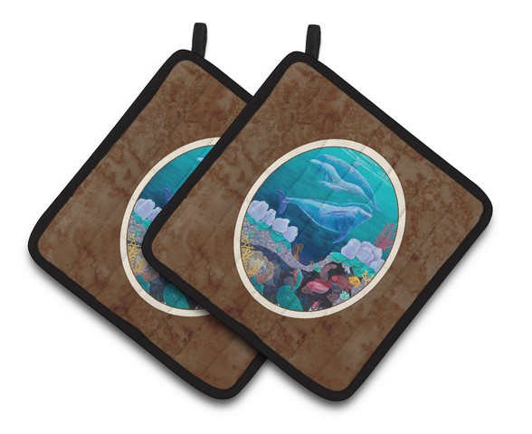 Picture of Carolines Treasures 7143PTHD Dolphin Familty Swimming Pair of Pot Holders, 7.5 x 3 x 7.5 in.