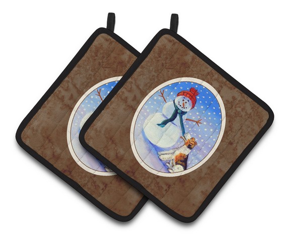 Picture of Carolines Treasures 7156PTHD Snowman with Fox Terrier Pair of Pot Holders, 7.5 x 3 x 7.5 in.