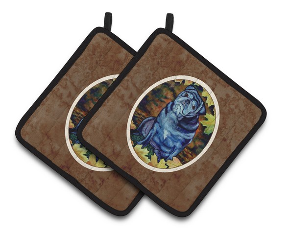 Picture of Carolines Treasures 7159PTHD Old Black Pug in Fall Leaves Pair of Pot Holders, 7.5 x 3 x 7.5 in.