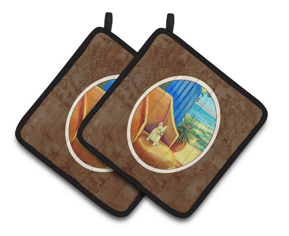 Picture of Carolines Treasures 7181PTHD French Bulldog at the Beach Cottage Pair of Pot Holders, 7.5 x 3 x 7.5 in.