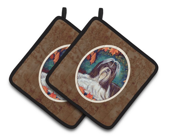 Picture of Carolines Treasures 7182PTHD Autumn Leaves Shih Tzu Pair of Pot Holders, 7.5 x 3 x 7.5 in.