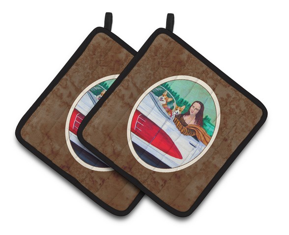 Picture of Carolines Treasures 7284PTHD Mona Lisa with Corgi Pair of Pot Holders, 7.5 x 3 x 7.5 in.