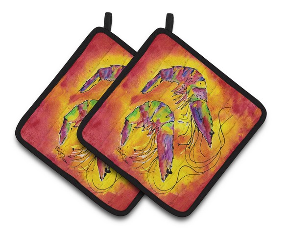 Picture of Carolines Treasures 8378PTHD Bright Shrimp on Red Pair of Pot Holders, 7.5 x 3 x 7.5 in.