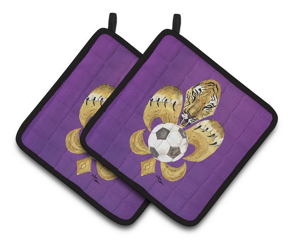 Picture of Carolines Treasures 8477PTHD Tiger Fleur De Lis Soccer Pair of Pot Holders, 7.5 x 3 x 7.5 in.