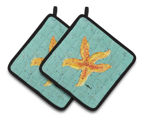Picture of Carolines Treasures 8527PTHD Starfish on Teal Pair of Pot Holders, 7.5 x 3 x 7.5 in.
