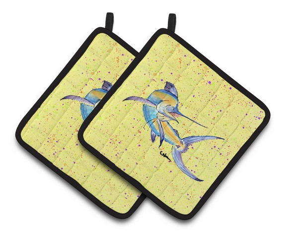 Picture of Carolines Treasures 8533PTHD Blue Marlin on Yellow Pair of Pot Holders, 7.5 x 3 x 7.5 in.