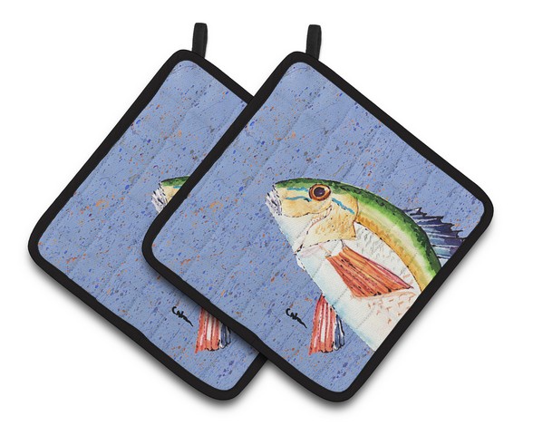 Picture of Carolines Treasures 8534PTHD Rainbow Trout on Blue Pair of Pot Holders, 7.5 x 3 x 7.5 in.