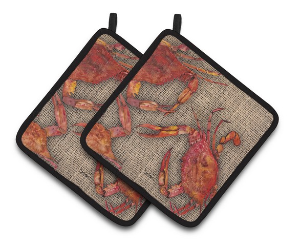 Picture of Carolines Treasures 8742PTHD Cooked Crabs on Faux Burlap Pair of Pot Holders, 7.5 x 3 x 7.5 in.