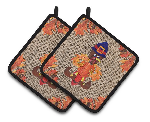 Picture of Carolines Treasures 8743PTHD Thanksgiving Turkey Pilgram Fleur De Lis Pair of Pot Holders, 7.5 x 3 x 7.5 in.