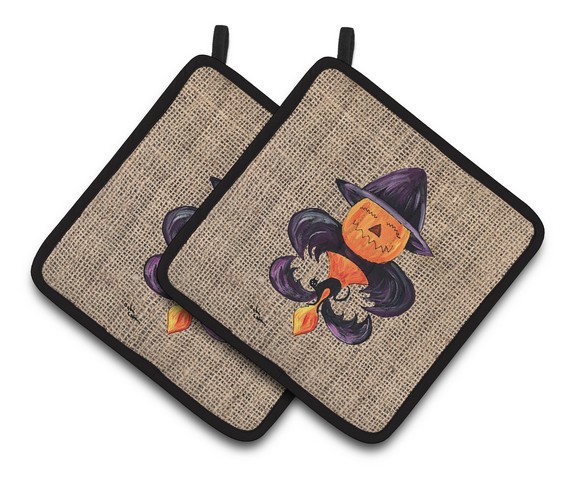 Picture of Carolines Treasures 8748PTHD Halloween Pumpkin Bat Fleur De Lis Pair of Pot Holders, 7.5 x 3 x 7.5 in.