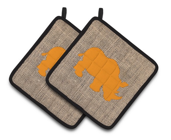 Picture of Carolines Treasures BB1006-BL-OR-PTHD Rhinoceros Faux Burlap & Orange Pair of Pot Holders, 7.5 x 3 x 7.5 in.