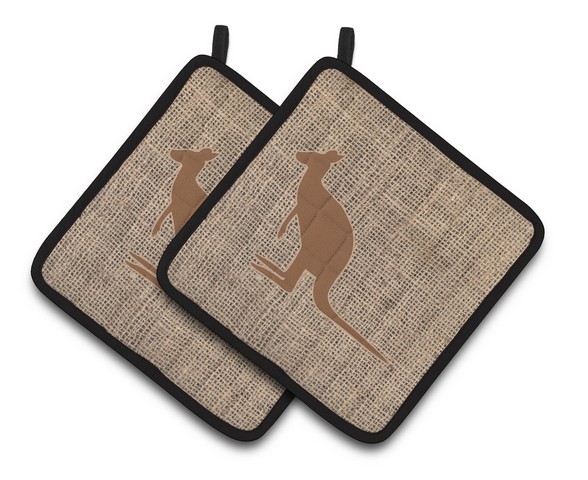 Picture of Carolines Treasures BB1008-BL-BN-PTHD Kangaroo Faux Burlap & Brown Pair of Pot Holders, 7.5 x 3 x 7.5 in.