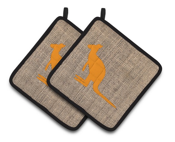 Picture of Carolines Treasures BB1008-BL-OR-PTHD Kangaroo Faux Burlap & Orange Pair of Pot Holders, 7.5 x 3 x 7.5 in.