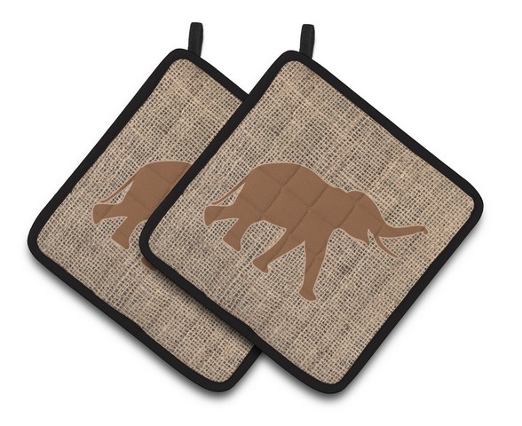 Picture of Carolines Treasures BB1011-BL-BN-PTHD Elephant Faux Burlap & Brown Pair of Pot Holders, 7.5 x 3 x 7.5 in.