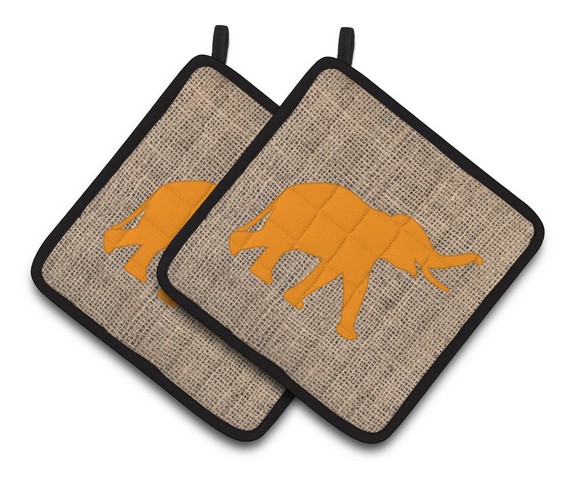 Picture of Carolines Treasures BB1011-BL-OR-PTHD Elephant Faux Burlap & Orange Pair of Pot Holders, 7.5 x 3 x 7.5 in.