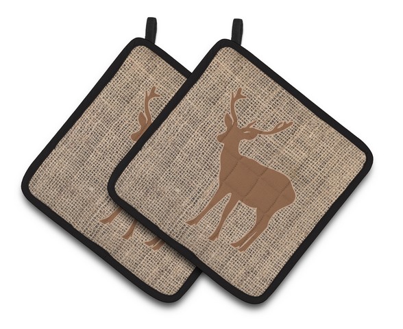 Picture of Carolines Treasures BB1012-BL-BN-PTHD Deer Faux Burlap & Brown Pair of Pot Holders, 7.5 x 3 x 7.5 in.