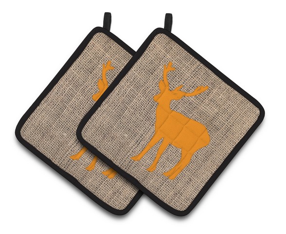 Picture of Carolines Treasures BB1012-BL-OR-PTHD Deer Faux Burlap & Orange Pair of Pot Holders, 7.5 x 3 x 7.5 in.