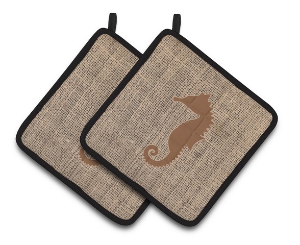 Picture of Carolines Treasures BB1018-BL-BN-PTHD Sea Horse Faux Burlap & Brown Pair of Pot Holders, 7.5 x 3 x 7.5 in.
