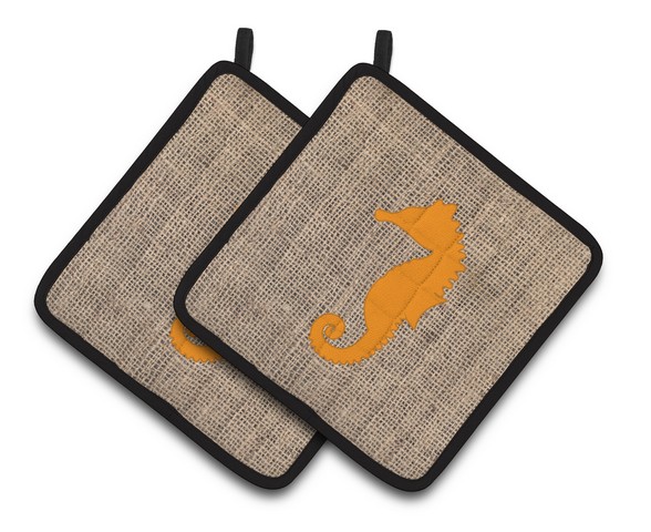 Picture of Carolines Treasures BB1018-BL-OR-PTHD Sea Horse Faux Burlap & Orange Pair of Pot Holders, 7.5 x 3 x 7.5 in.