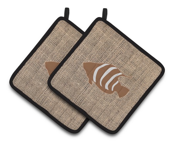 Picture of Carolines Treasures BB1020-BL-BN-PTHD Fish Faux Burlap & Brown Pair of Pot Holders, 7.5 x 3 x 7.5 in.
