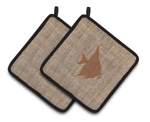Picture of Carolines Treasures BB1022-BL-BN-PTHD Fish - Angel Fish Faux Burlap & Brown Pair of Pot Holders, 7.5 x 3 x 7.5 in.