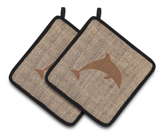 Picture of Carolines Treasures BB1025-BL-BN-PTHD Dolphin Faux Burlap & Brown Pair of Pot Holders, 7.5 x 3 x 7.5 in.