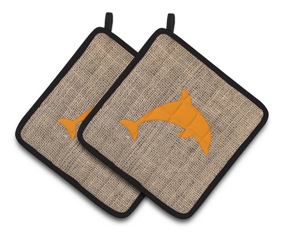 Picture of Carolines Treasures BB1025-BL-OR-PTHD Dolphin Faux Burlap & Orange Pair of Pot Holders, 7.5 x 3 x 7.5 in.