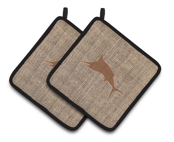 Picture of Carolines Treasures BB1026-BL-BN-PTHD Fish - Marlin Faux Burlap & Brown Pair of Pot Holders, 7.5 x 3 x 7.5 in.