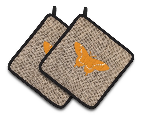 Picture of Carolines Treasures BB1030-BL-OR-PTHD Butterfly Faux Burlap & Orange Pair of Pot Holders, 7.5 x 3 x 7.5 in.