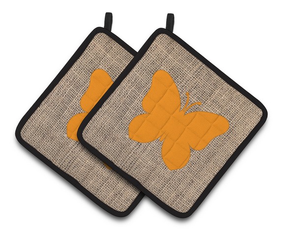 Picture of Carolines Treasures BB1047-BL-OR-PTHD Butterfly Faux Burlap & Orange Pair of Pot Holders, 7.5 x 3 x 7.5 in.