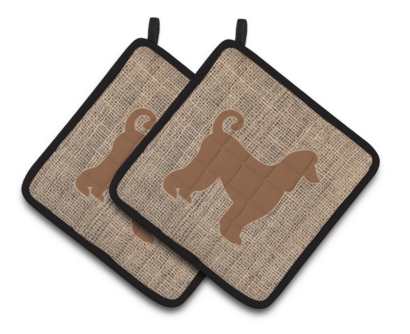 Picture of Carolines Treasures BB1066-BL-BN-PTHD Afghan Hound Faux Burlap & Brown Pair of Pot Holders, 7.5 x 3 x 7.5 in.