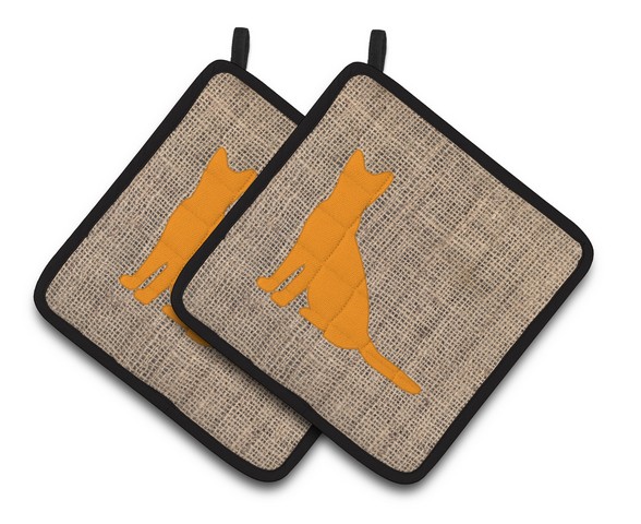 Picture of Carolines Treasures BB1071-BL-OR-PTHD Cat Faux Burlap & Orange Pair of Pot Holders, 7.5 x 3 x 7.5 in.