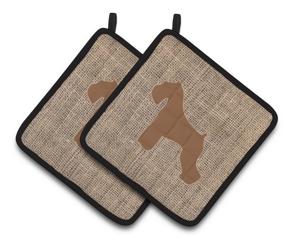 Picture of Carolines Treasures BB1073-BL-BN-PTHD Schnauzer Faux Burlap & Brown Pair of Pot Holders, 7.5 x 3 x 7.5 in.